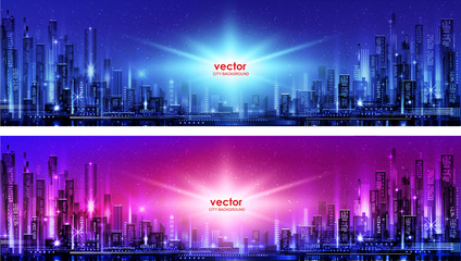 Vector night city illustration with neon glow and vivid colors. - 291508032