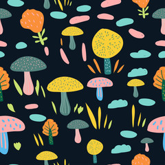 Vector seamless doodle pattern. Colorful hand drawn leaves and mushrooms on dark blue background. 