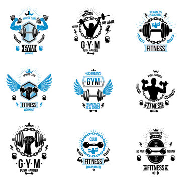 Set of vector gym theme emblems and motivational banners composed with dumbbells, barbells, kettle bells sport equipment and bodybuilder body shapes.