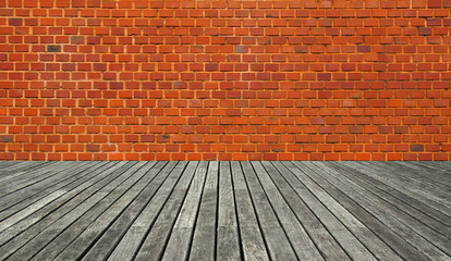 Texture red brick and wooden planks