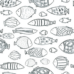 Many fishes swimming in the sea, ocean, aqurium. Seamless pattern. Hand drawn with coal. For fish, sea food restaurant menu, cards, wrapping paper, printing on fabric, shirts, book journal covers..