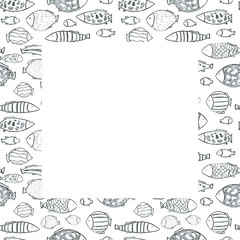Many fishes swimming in the sea, ocean, aqurium. Frame with space for text. Hand drawn with coal. For sea food restaurant menu, cards, wrapping paper, printing on fabric, shirts, book journal covers..