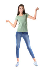 Obraz premium Young girl in stylish t-shirt on white background