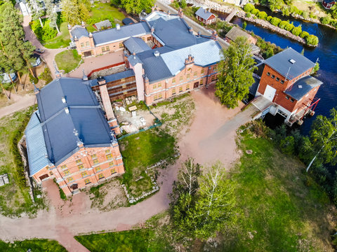 Kouvola, Finland - 2 September 2019: Aerial photo of Verla Mill museum Groundwood and Board Mill at Jaala, is a well preserved 19th century mill village and a UNESCO World Heritage site.