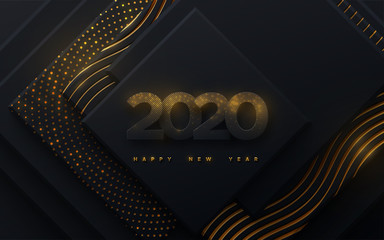 Happy New 2020 Year. Vector holiday illustration. Black paper numbers with golden glitters. Geometric background with shimmering patterns. Festive banner. Decoration element for poster or cover design