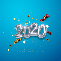 Realistic 2020 silver numbers and festive confetti, stars and streamer ribbons on blue background. Vector holiday illustration. Happy New 2020 Year. New year ornament. Decoration element with tinsel