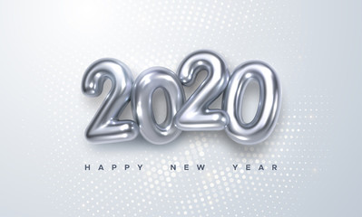 Happy New 2020 Year. Holiday vector illustration of silver metallic numbers 2020 and radial halftone pattern. Realistic 3d sign. Festive poster or banner design