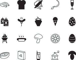 food vector icon set such as: grain, pork, eating, gourmet, soda, harvesting, done, ice, plate, rice, rolling, circle, chef, caffeine, sauce, sickle, oatmeal, drop, recreation, blade, lime, raspberry