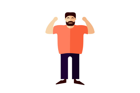  Young sports man with a beard and mustache in flat style. Vector. Pink t-shirt and blue pants. Character illustration.