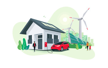 Electric car parking charging at home wall box charger station on house with a man. Renewable energy storage with wind turbines and solar panels smart city skyline in background. Vector illustration. 
