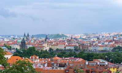 Fototapeta na wymiar Panorama of Prague. Czech Republic. Top view of colorful roofs.