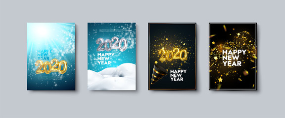 Vector illustration of Happy New Year posters or flyers set. Holiday banners with metallic 2020 numbers, party popper, snow, tinsel and confetti. Winter festive decoration. New Year party invitation