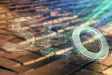 SEO hologram with abstract background. Multi exposure. Concept of Search