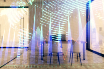 Forex chart hologram with map and minimalistic cabinet interior background. Double exposure. International business concept.