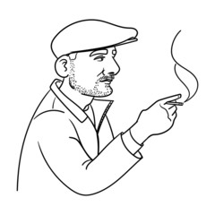 a man with a beret from the side holding a cigarette in his hand and looking cool. outline, cartoon, cartoon, jacket.