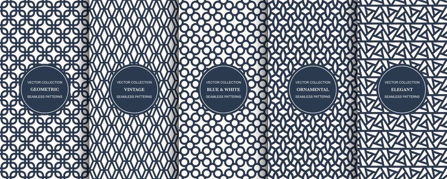 Collection of geometric simple seamless patterns - blue and white symmetric textures. Vector repeatable minimalistic backgrounds