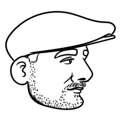 head of a man with stubble beard and beret from the side. cool, casual, farnose, outline, comic.