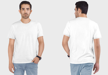 Front rear view of male model wearing white plain t shirt in denim jeans pant. Isolated background