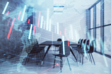 Double exposure of stock market graph with globe hologram on conference room background. Concept of international finance