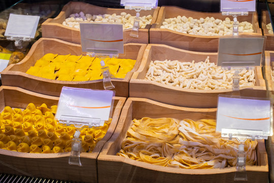 Italian pasta in supermarket. Fresh pasta.