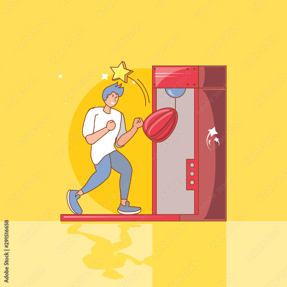 Poster man in video game console of coins with boxing power