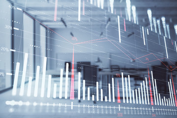 Stock and bond market graph with trading desk bank office interior on background. Multi exposure. Concept of financial analysis