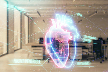 Heart drawing with office interior on background. Double exposure. Concept of medical education