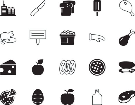 food vector icon set such as: architecture, shell, piglet, potholder, seafood, cleaver, pot, egg, tropical, hot, coffee, service, group, plates, clip, shape, pattern, preparation, seashell, pastry