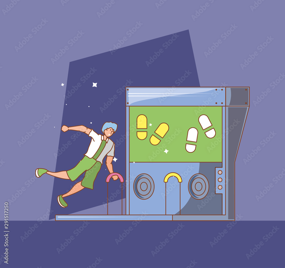 Poster man in video game console of coins with dancing steps