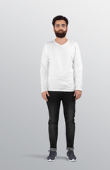 Fototapeta premium Standing man wearing white blank v neck long sleeve shirt in black jeans pant. Isolated background