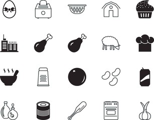 food vector icon set such as: tasty, tropical, soup, aluminium, product, metallic, liquid, muffin, garage, tourism, red, delicious, indicator, pavilion, perfect, corn, linear, rural, colorful, sieve