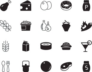 food vector icon set such as: pastry, silverware, juicy, conserve, serving, factory, flames, crispy, cocktail, juice, pot, wine, lifestyle, fabrication, party, diner, carton, manufacturing, hole