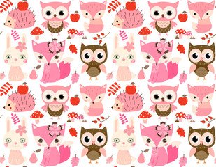 Cute vector seamless pattern with woodland animals in pink and brown colors on white background
