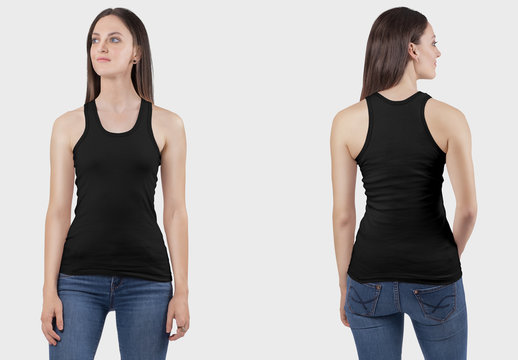 Front and rear view of female model wearing black plain tank top shirt in blue denim jeans pant. Closeup view