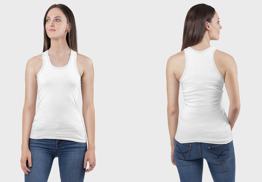 Front and rear view of female model wearing white plain tank top shirt in blue denim jeans pant. Closeup view