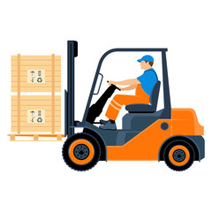 Transportation of goods by forklift. A man works on a forklift. Worker in uniform. Vector illustration isolated on white background