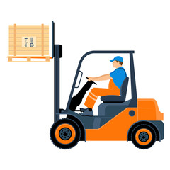 Transportation of goods by forklift. A man works on a forklift. Worker in uniform. Vector illustration isolated on white background