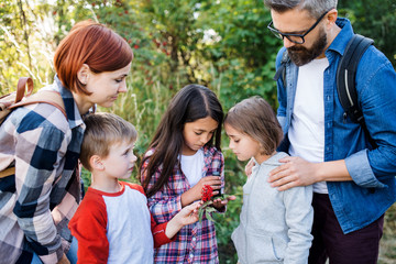 Group of school children with teacher on field trip in nature, learning science.