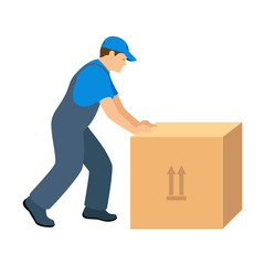 Hard worker pushes a big box. Service moving. Worker in uniform. Vector illustration isolated on white background