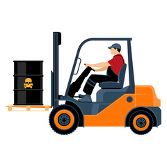 Transportation of goods by forklift. A man on a forklift transports barrels of toxic substance. Worker in uniform. Vector illustration isolated on white background