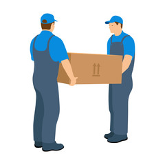 Two Men in the Moving Service carry a large box. Worker in uniform. Vector illustration on a white background