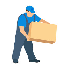 The man in the Moving service carries a big box. Worker in uniform. Vector illustration isolated on white background