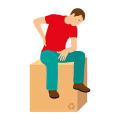 A man sits on a box. A man injured his back while carrying a load. Back pain. back injury. Vector illustration isolated on white background