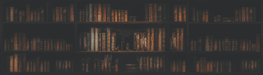 panorama blurred bookshelf Many old books in a book shop or library - obrazy, fototapety, plakaty