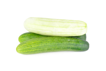 whole peeled and unpeeled fresh cucumber on white background