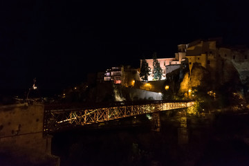 "Casas Colgadas" of Cuenca at night, Spain. Historical buildings of Castilla La-Mancha