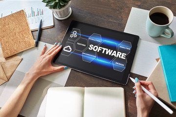 Software development and process automation concept on tablet computer screen.