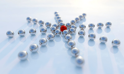 Concept or conceptual collection of balls in form of a circle with a red one standing out on blue background as a metaphor for creativity and leadership. A courage or success 3d illustration