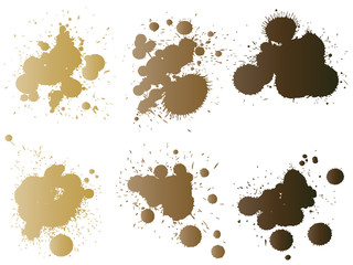 Collection of artistic grungy paint drop, hand made creative splash or splatter stroke set isolated white background. Abstract grunge dirty coffee stain group or graphic art vintage decoration