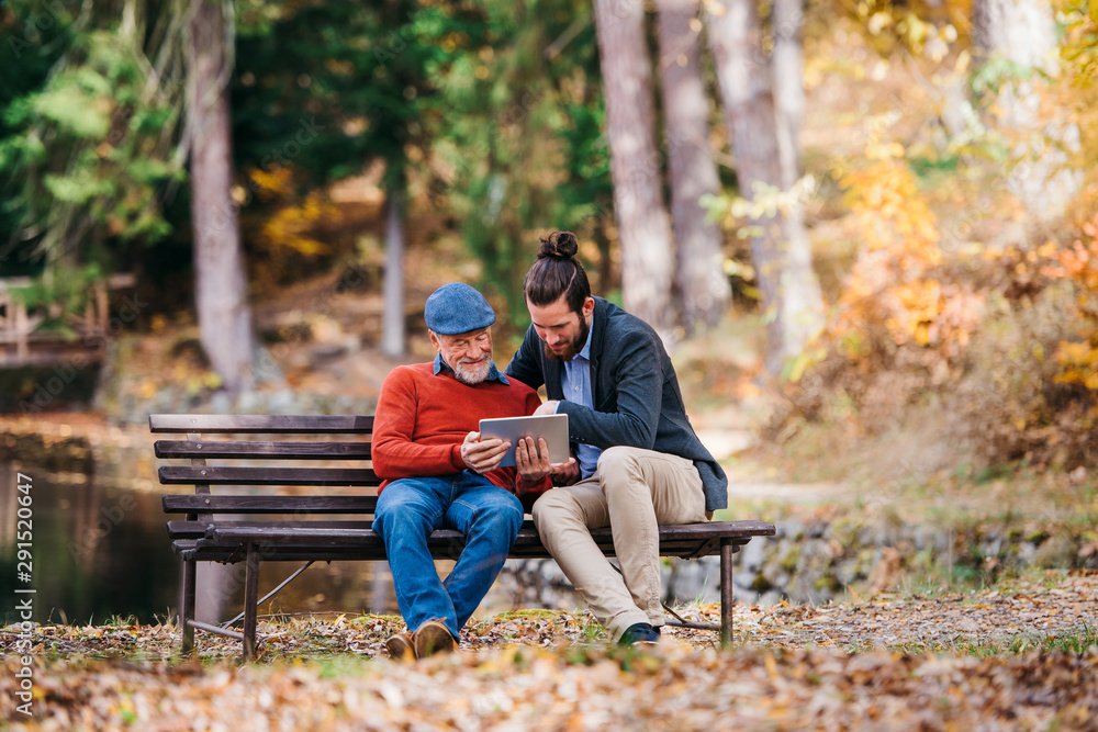 Wall mural senior father and his son sitting on bench in nature, using tablet.